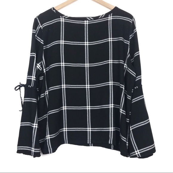 LOFT Floral Embroidered Tie Bell Sleeve Plaid Top M - Picture 3 of 9